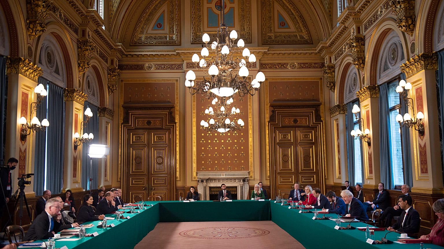 UK Prime Minister Boris Johnson leads a Cabinet meeting at the Foreign and Commonwealth Office, London, Nov. 3, 2020. FCO minister Baroness Sugg has resigned over budget cuts.