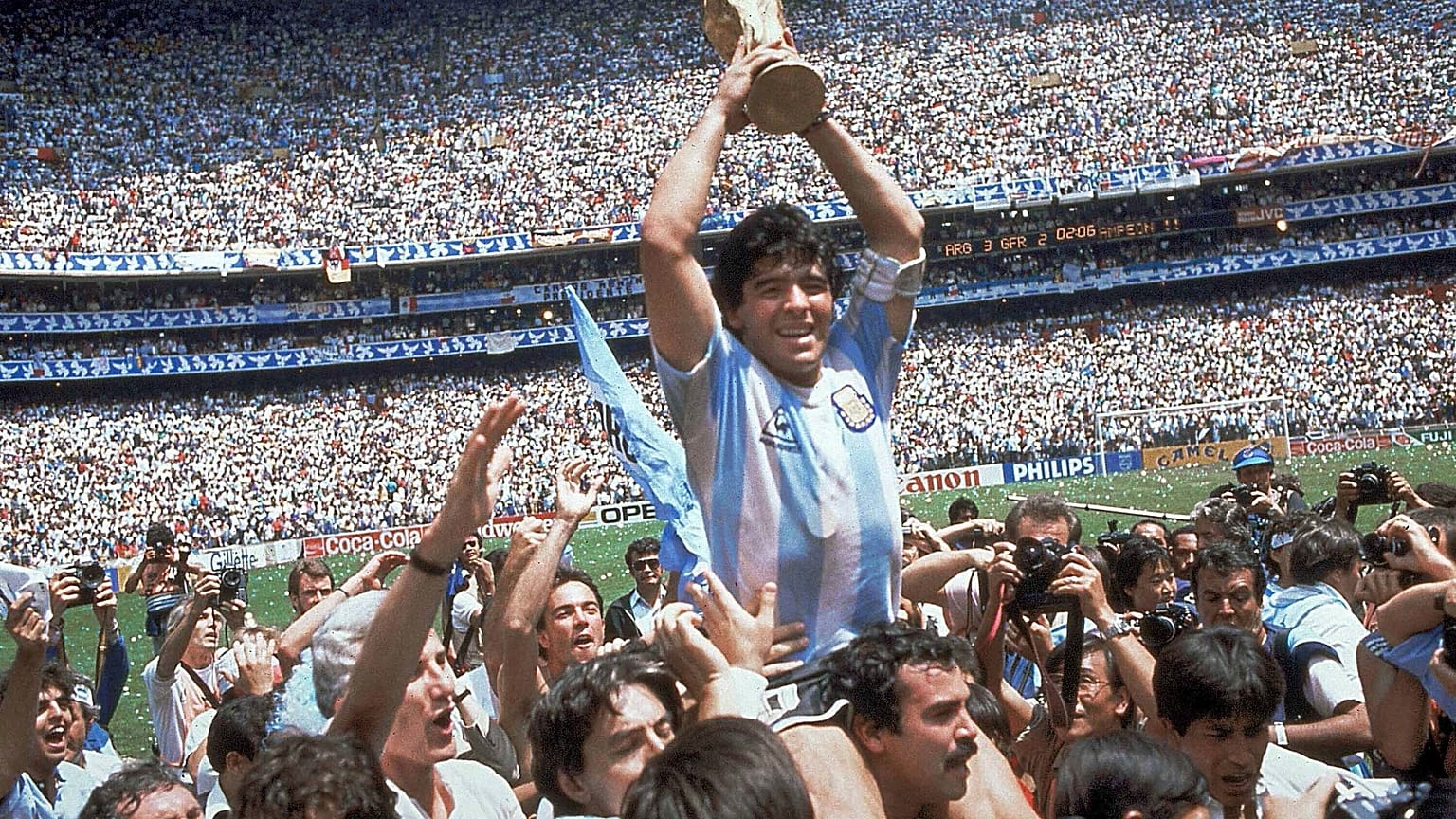 In this June 29, 1986 file photo, Diego Maradona celebrates winning the World Cup with Argentina after the team's 3-2 victory over West Germany in the final in Mexico City.