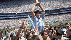 In this June 29, 1986 file photo, Diego Maradona celebrates winning the World Cup with Argentina after the team's 3-2 victory over West Germany in the final in Mexico City.