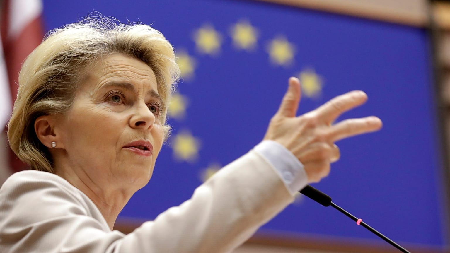 European Commission President Ursula von der Leyen speaks during a plenary session at the European Parliament in Brussels, Wednesday, Nov. 25, 2020.