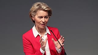European Commission President Ursula von der Leyen delivers a speech on the EU's coronavirus recovery fund plan at the Campalimaud Foundation in Lisbon.