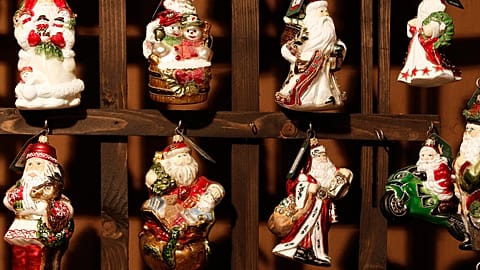 Designs of blown-glass Christmas tree decorations on display at the Silverado manufacture in Jozefow, near Warsaw, Poland in December 2017.