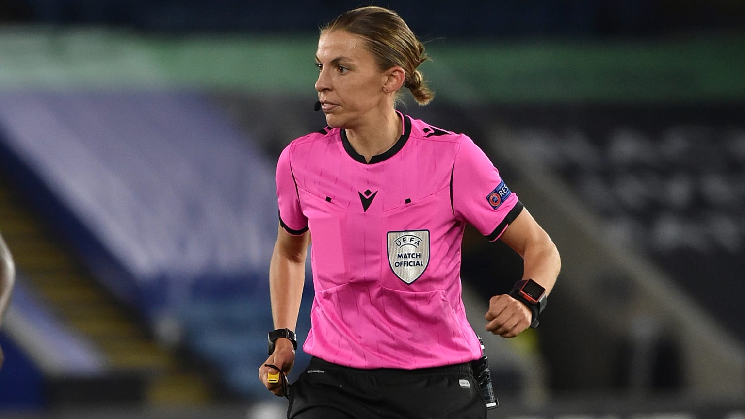 French referee Stephanie Frappart officiates during the Europa League Group G soccer match between Leicester City and Zorya Luhansk.