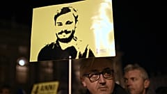 Amnesty International activists take part in a demonstration in Turin on January 25, 2020, to mark the fourth anniversary of Italian student Giulio Regeni's disappearance.