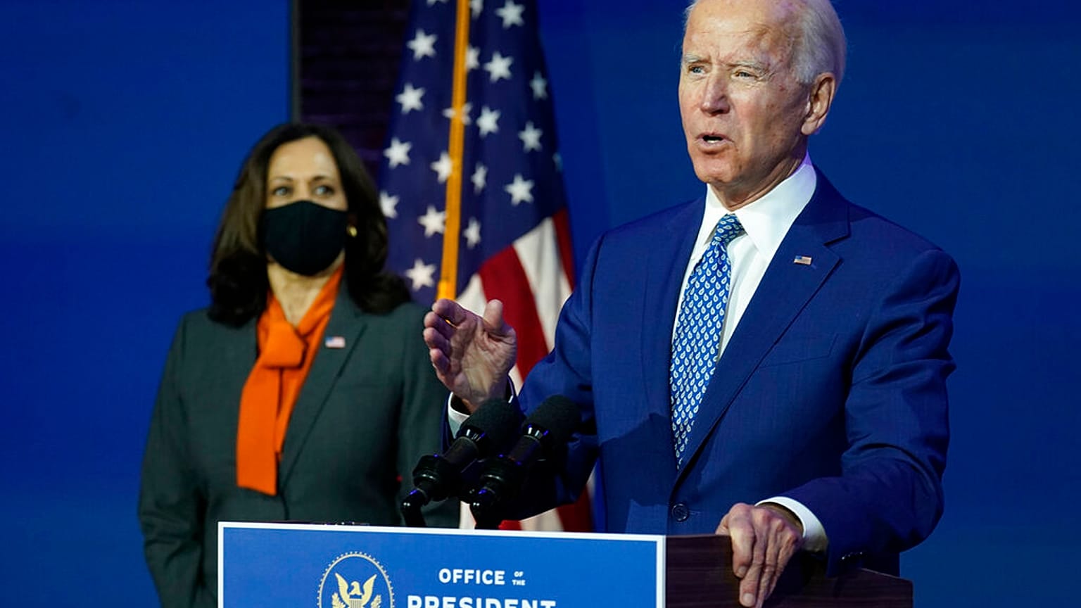 President-elect Joe Biden, joined by Vice President-elect Kamala Harris, speaks at The Queen theater, Monday, Nov. 9, 2020, in Delaware.