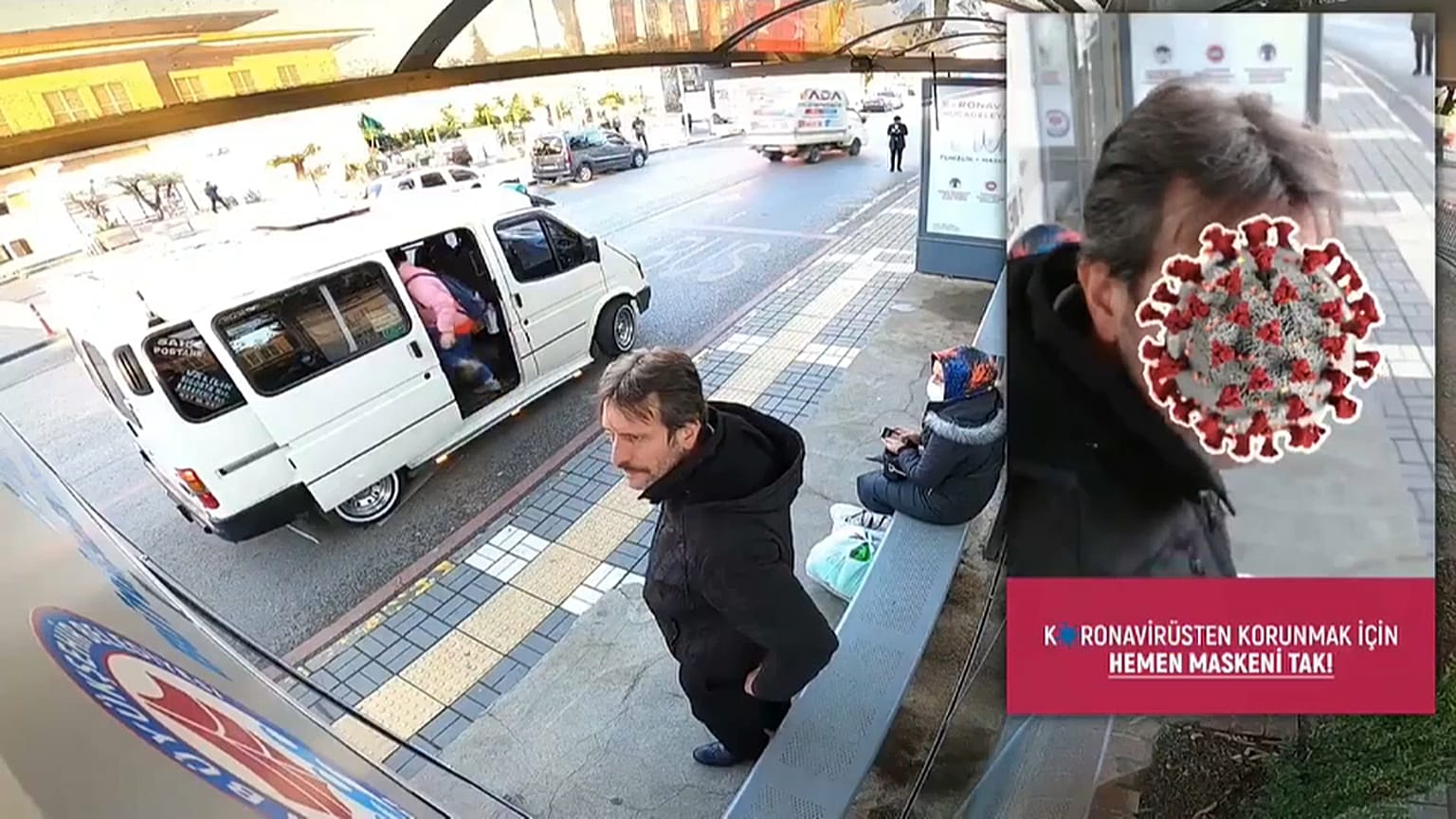 Commuters not wearing face masks are covered with a 'coronavirus'