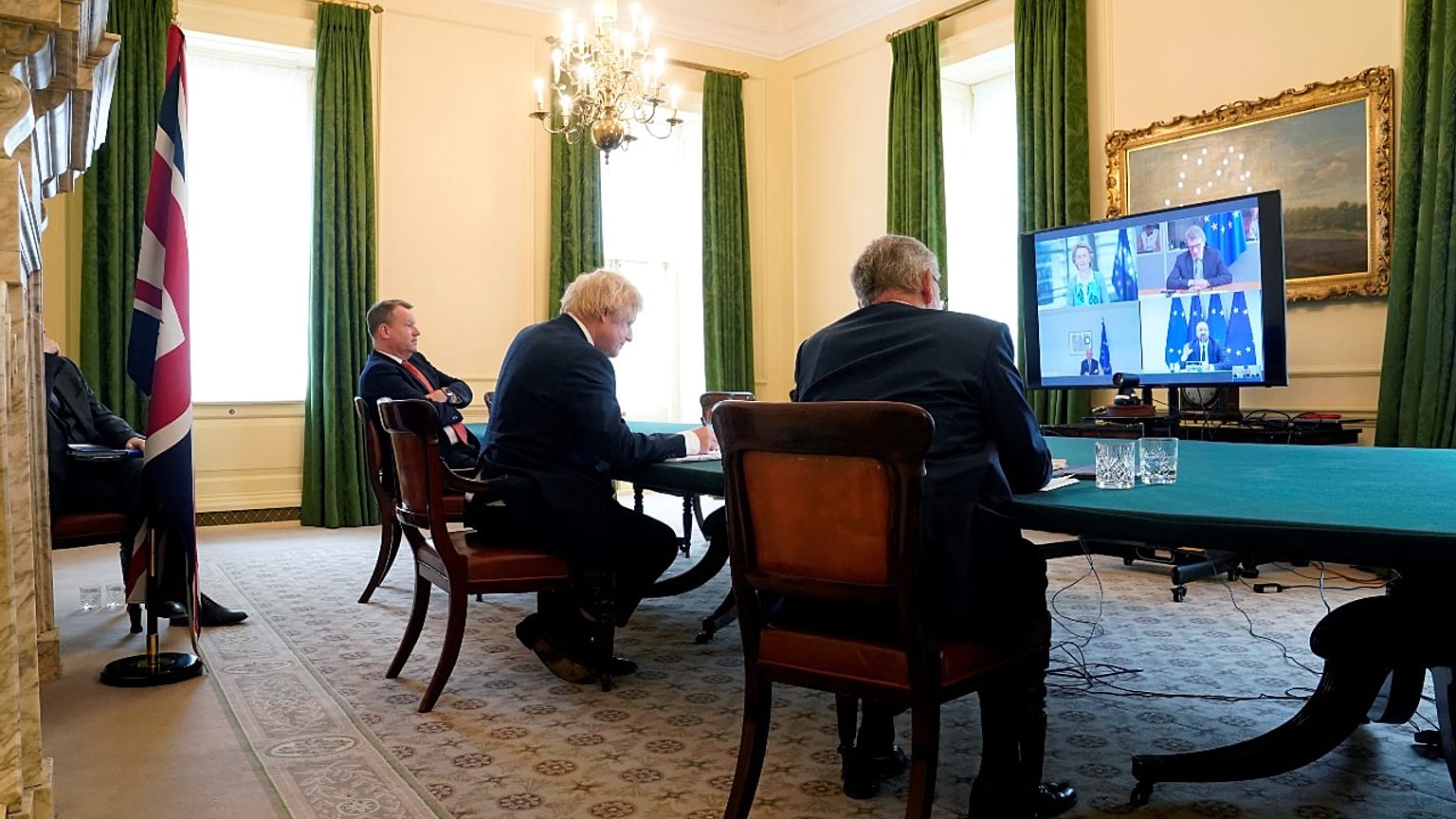 UK Prime Minister Boris Johnson with senior minister Michael Gove and Brexit negotiator David Frost, during a video conference call from London with EU leaders, June 15, 2020.