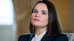 Belarus opposition leader Svetlana Tsikhanouskaya listens, during a bilateral visit, in Stockholm, Sweden, Tuesday, Nov. 17, 2020.