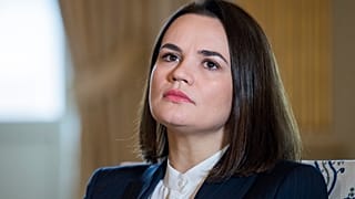 Belarus opposition leader Svetlana Tsikhanouskaya listens, during a bilateral visit, in Stockholm, Sweden, Tuesday, Nov. 17, 2020.