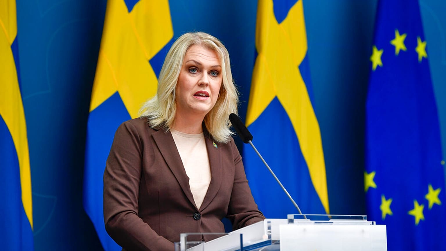 Sweden's Minister for Health and Social Affairs Lena Hallengren gives a news conference on new restrictions to curb the spread of the coronavirus pandemic, in Stockholm