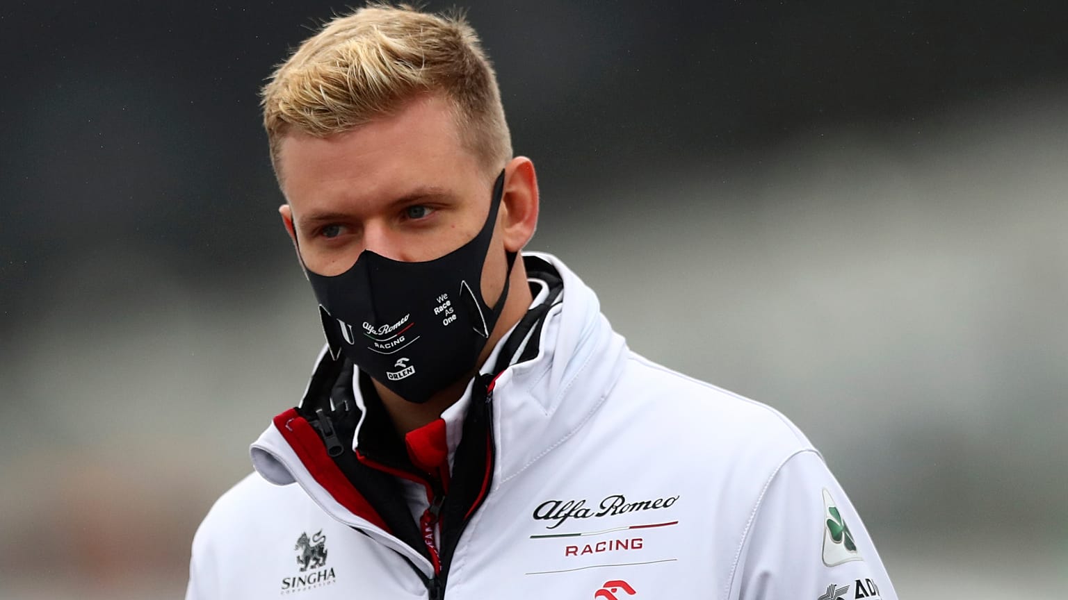 Mick Schumacher of Germany inspects the track prior the German Formula One Grand Prix at the Nuerburgring racetrack in Nuerburg, Germany, Thursday, Oct. 8, 2020. (AP Photo/Mat