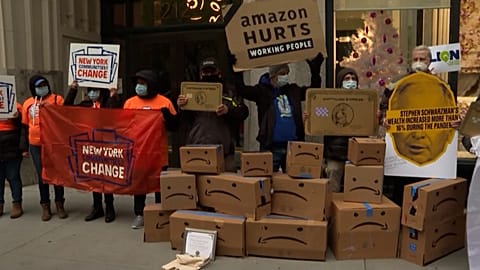 Protesters outside Jeff Bezos apartment building in Manhattan