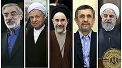 از راست: حسن روحانی، محمود احمدی‌نژاد، محمد خاتمی، اکبر هاشمی رفسنجانی، میرحسین موسوی