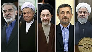 از راست: حسن روحانی، محمود احمدی‌نژاد، محمد خاتمی، اکبر هاشمی رفسنجانی، میرحسین موسوی