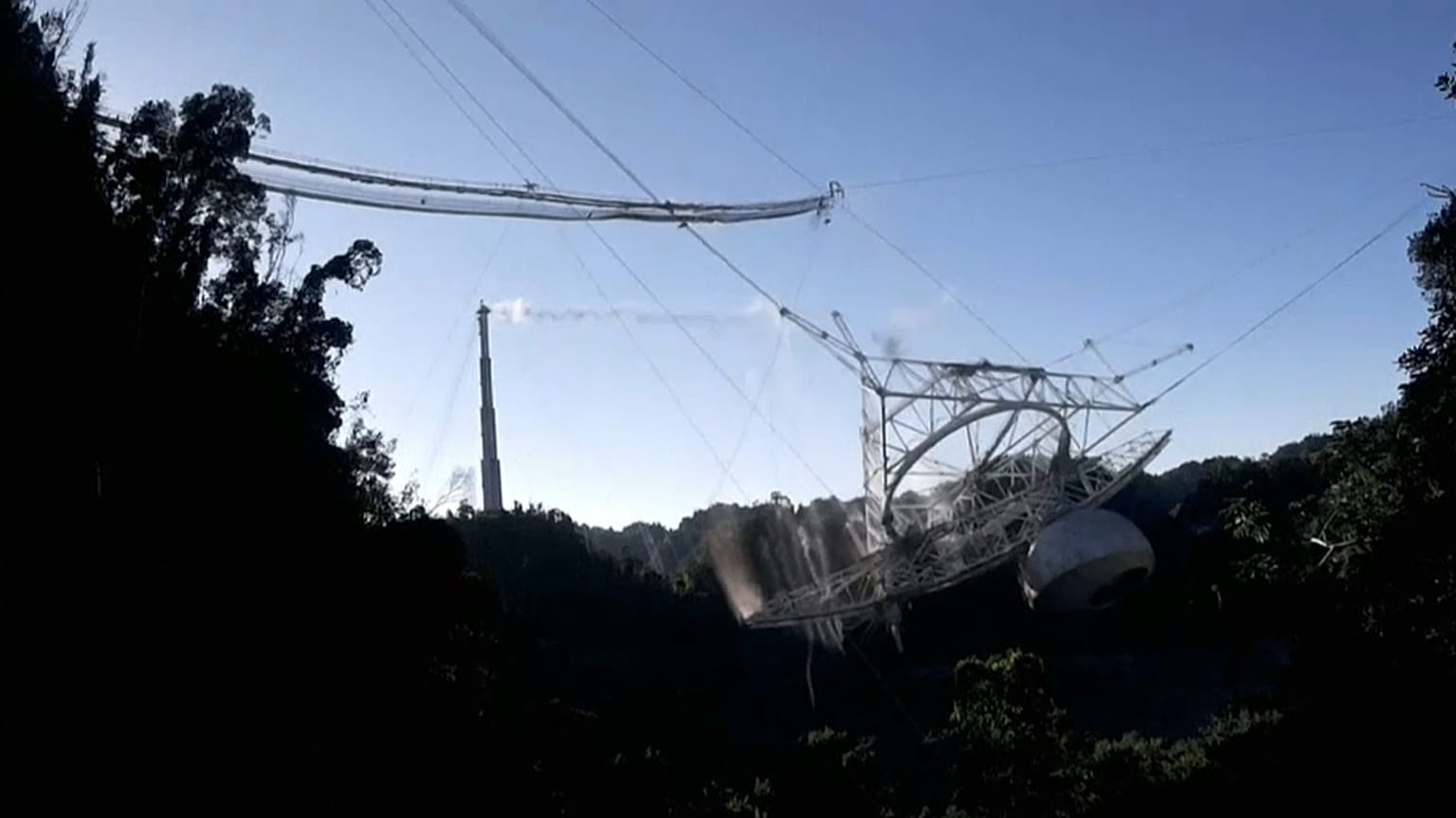 This photo is from video provided by the US National Science Foundation of the radio telescope in Arecibo, Puerto Rico, Tuesday, Dec. 1, 2020.