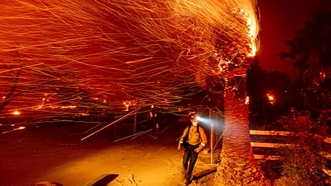 A firefighter runs past a burning tree while battling the Bond Fire in the Silverado community of Orange County, California, USA. December 3, 2020