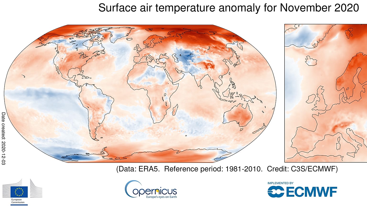 Desviación de temperaturas respecto a la media en noviembre. (Colores cálidos = más temperatura de lo habitual)