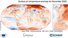 Desviación de temperaturas respecto a la media en noviembre. (Colores cálidos = más temperatura de lo habitual)