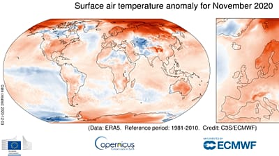 Desviación de temperaturas respecto a la media en noviembre. (Colores cálidos = más temperatura de lo habitual)