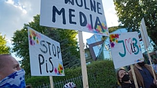 An anti-censorship protest with posters reading 'Free Media', 'Stop PIS' (Law and Justice party) in front of a state-run radio station, on May 22, 2020 in Warsaw.