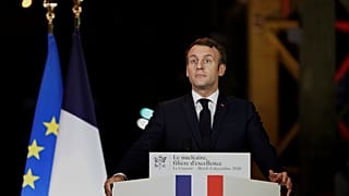 French President Emmanuel Macron, delivers his speech during a visit at Framatome nuclear reactor production site in Le Creusot on December 8, 2020.