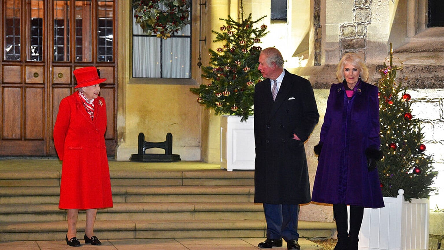Queen Elizabeth II stood outside Windsor Castle with Prince Charles and Camilla.