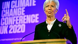 President of the European Central Bank Christine Lagarde addresses an event to launch the private finance agenda for the United Nations Climate Change Conference COP26