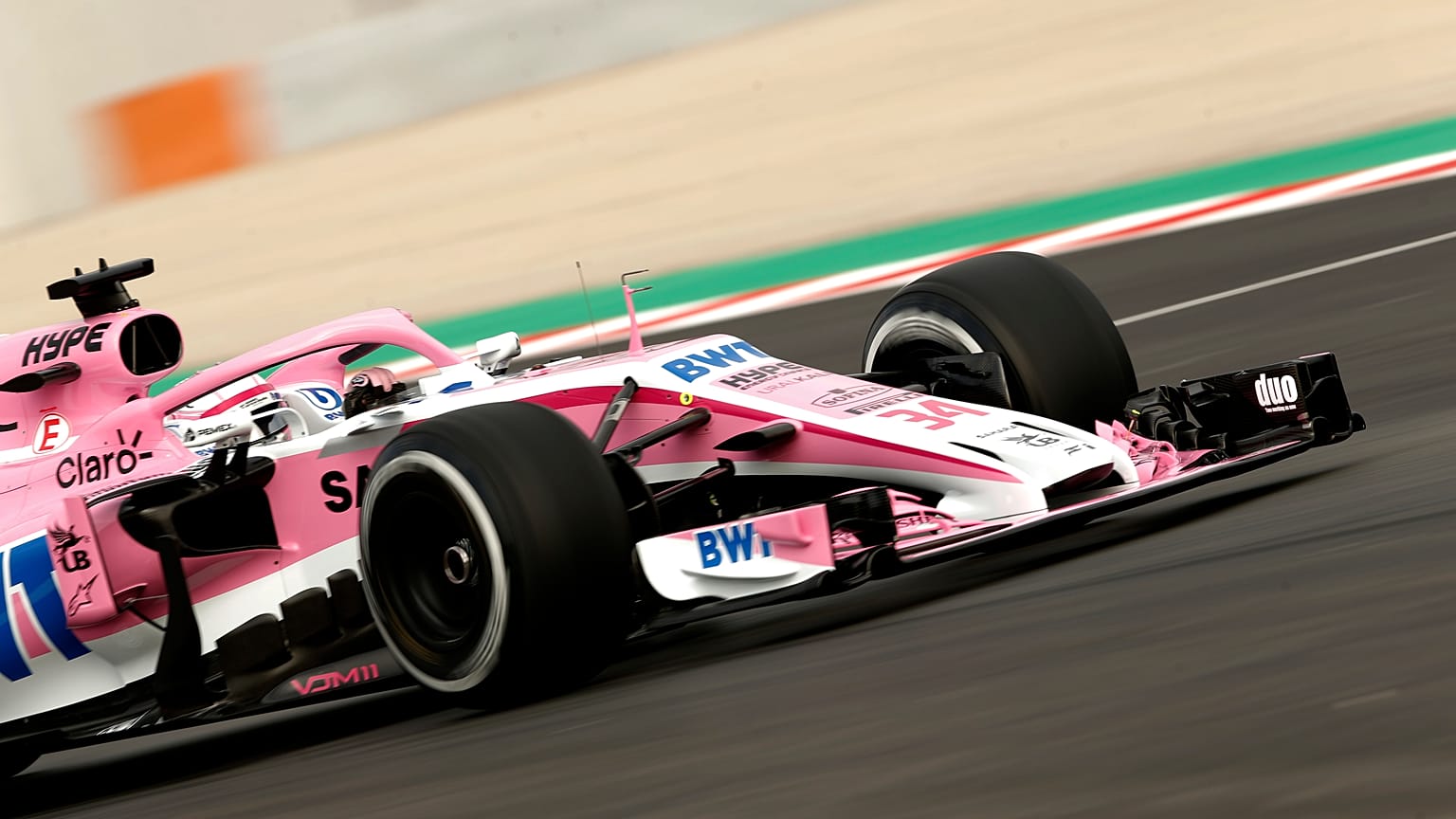 Nikita Mazepin pictured driving for Force India during a Formula One pre-season testing session in Barcelona in February 2018.