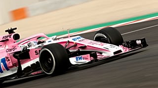 Nikita Mazepin pictured driving for Force India during a Formula One pre-season testing session in Barcelona in February 2018.