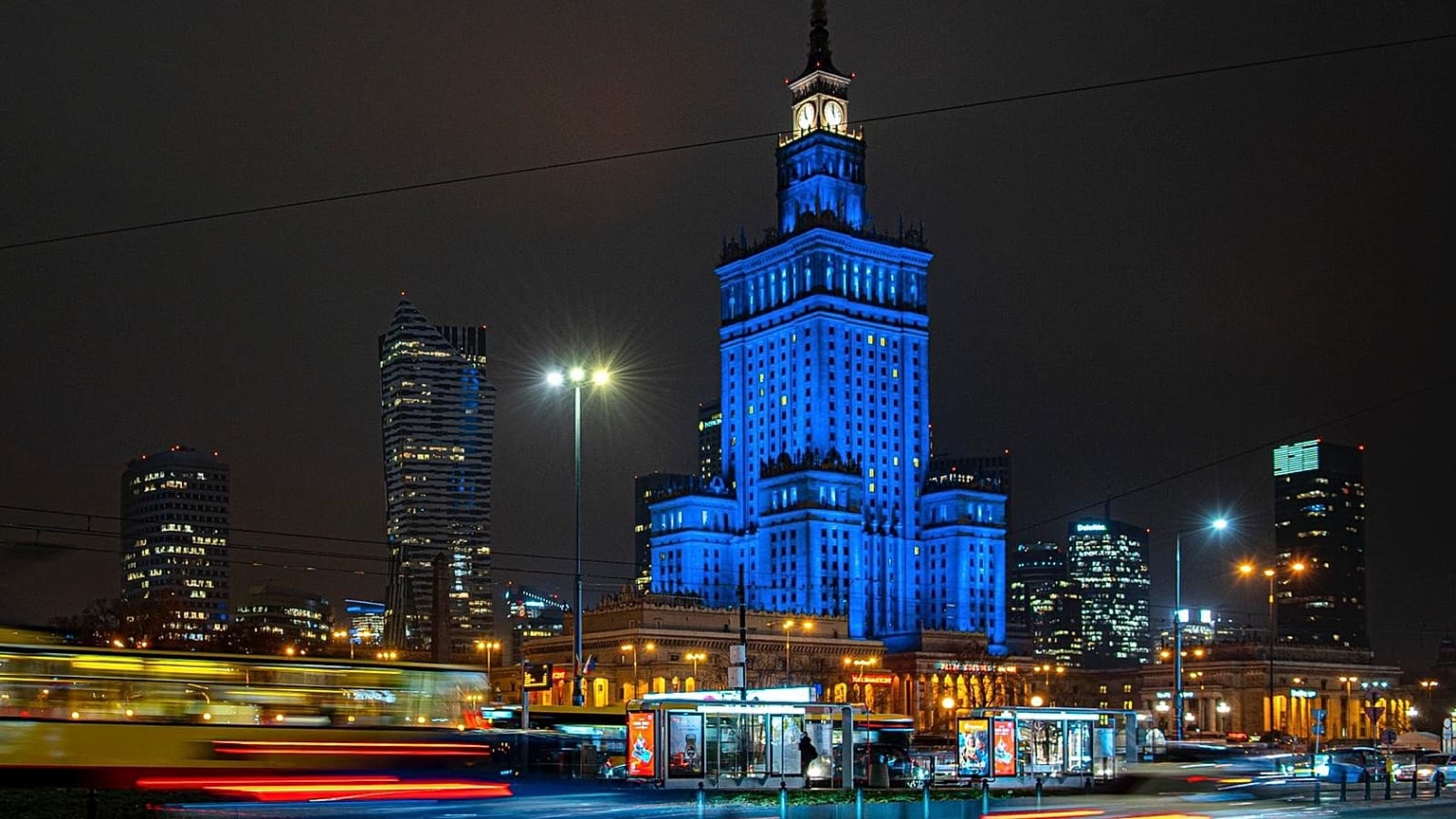 The Palace of Culture in Warsaw illuminated in blue on December 9, 2020.
