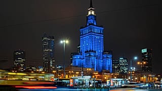 The Palace of Culture in Warsaw illuminated in blue on December 9, 2020.