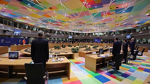 European Union heads of state stand for a moment to remember late French President Valery Giscard d'Estaing