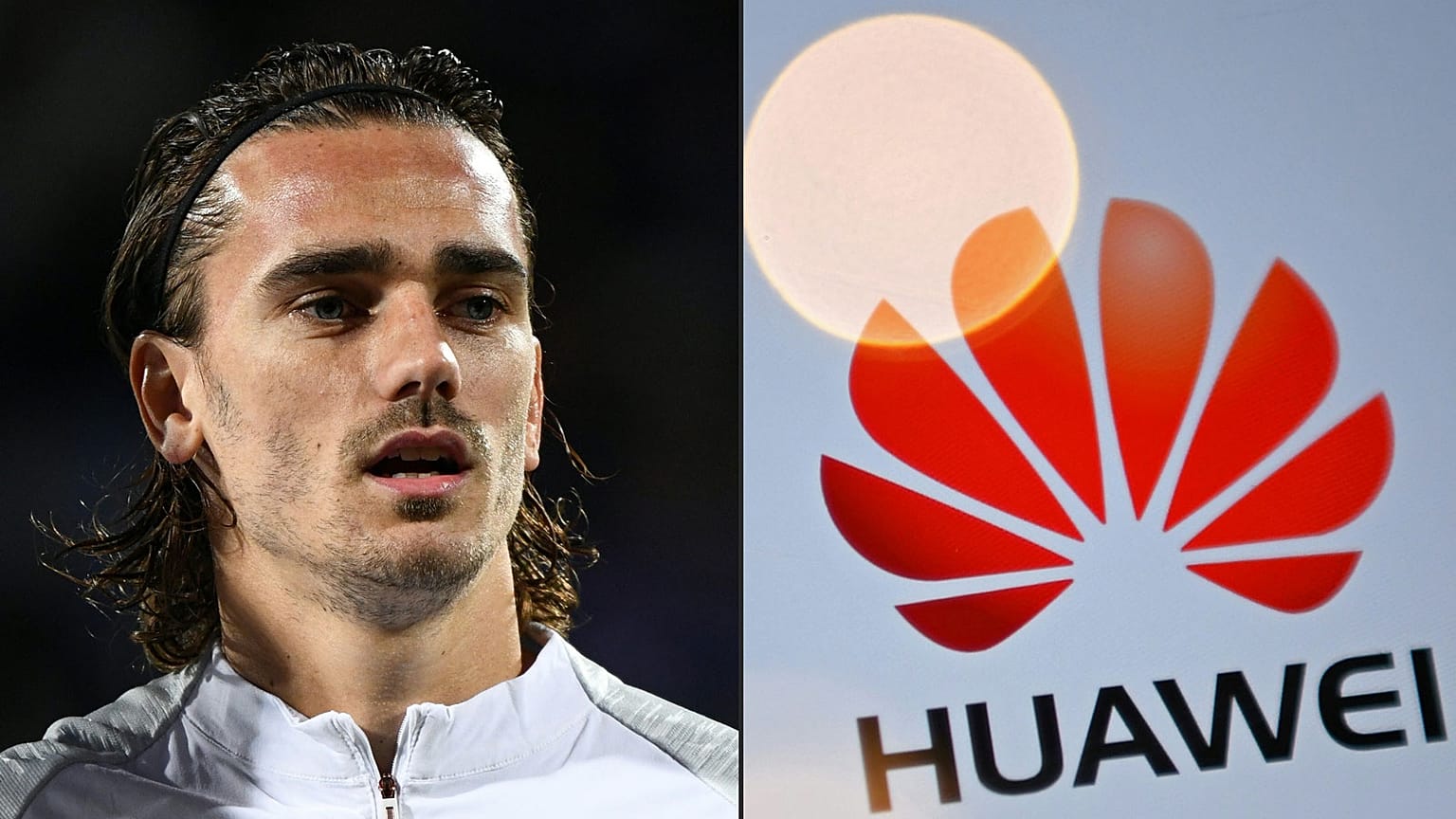 Montage : le footballeur français Antoine Griezmann et le logo de la firme chinoise Huawei