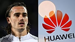 Montage : le footballeur français Antoine Griezmann et le logo de la firme chinoise Huawei