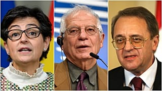 نائب وزير الخارجية الروسي ميخائيل بوغدانوف وجوزيف بوريل الممثل السامي للاتحاد الأوروبي للشؤون الخارجية ووزيرة الخارجية الإسبانية أرانشا غونزاليس لايا