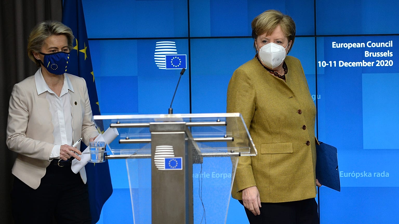 German Chancellor Angela Merkel, right, and European Commission President Ursula von der Leyen