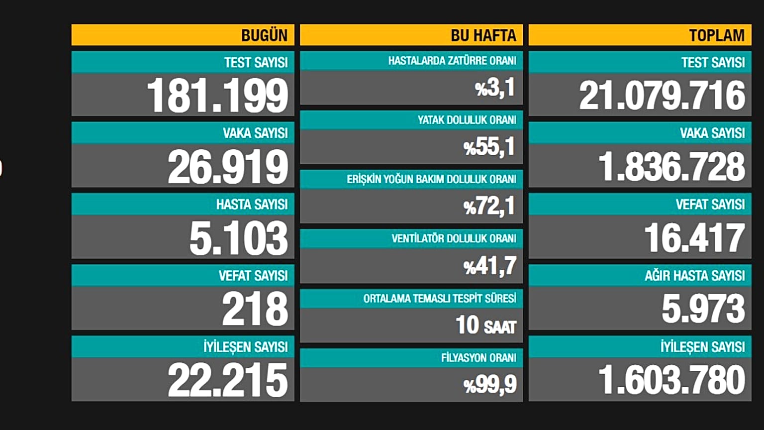 Türkiye Günlük Koronavirüs Tablosu