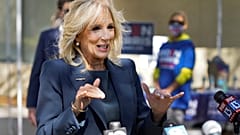 Dr Jill Biden speaks to reporters while campaigning for her husband, now President-elect Joe Biden.