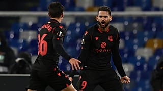 Real Sociedad's William Jose, right, celebrates after scoring