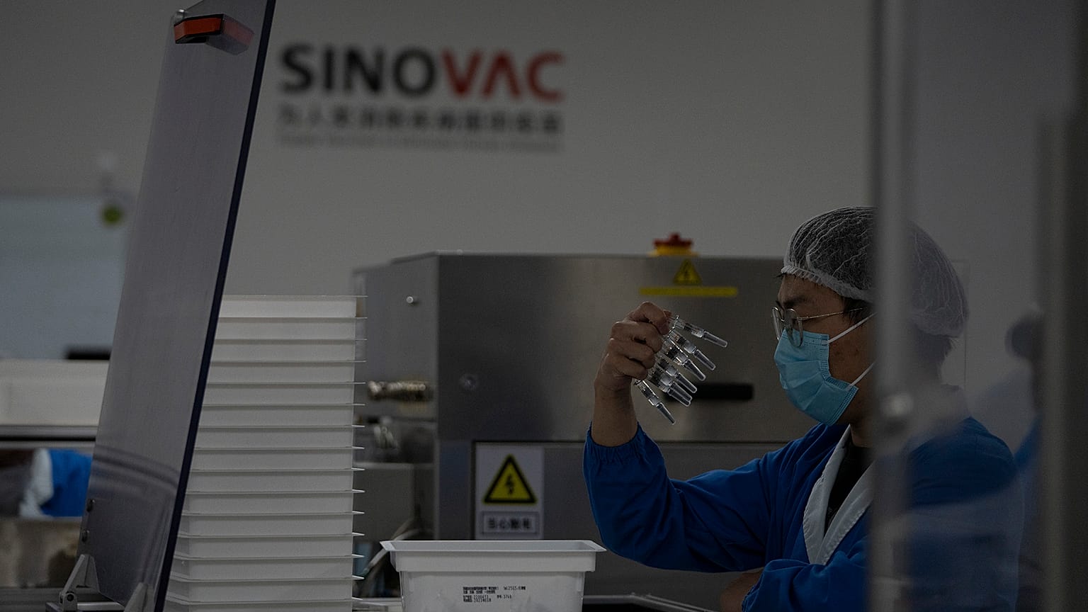 Çinli Sinovac ilaç firmasına ait bir fabrikada görevli şahıs, üretilen şırıngaları incelerken 