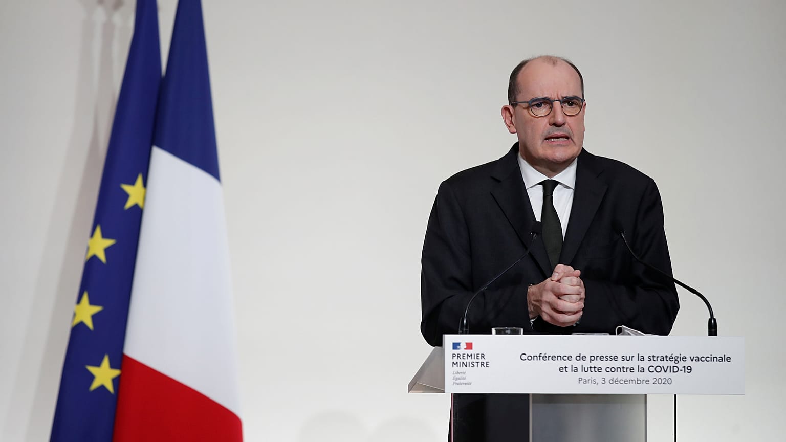 French Prime Minister Jean Castex speaks during a press conference to outline France's strategy for the deployment of future COVID-19 vaccines.