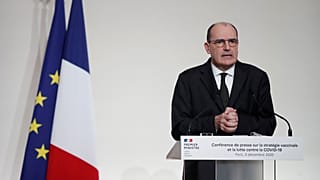 French Prime Minister Jean Castex speaks during a press conference to outline France's strategy for the deployment of future COVID-19 vaccines.