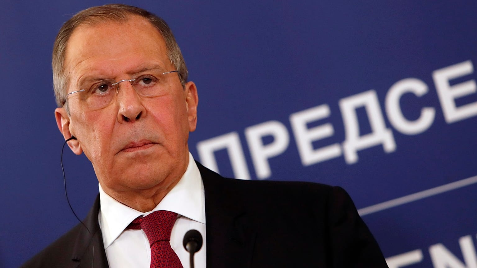 Russian foreign minister Sergei Lavrov listens Serbia's President Aleksandar Vucic during a press conference after their talks in Belgrade, Serbia, Tuesday, Dec. 15, 2020. 