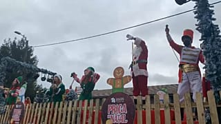 Christmas truck delivers gifts in front of a primary school in Vila Nova de Gaia, Portugal