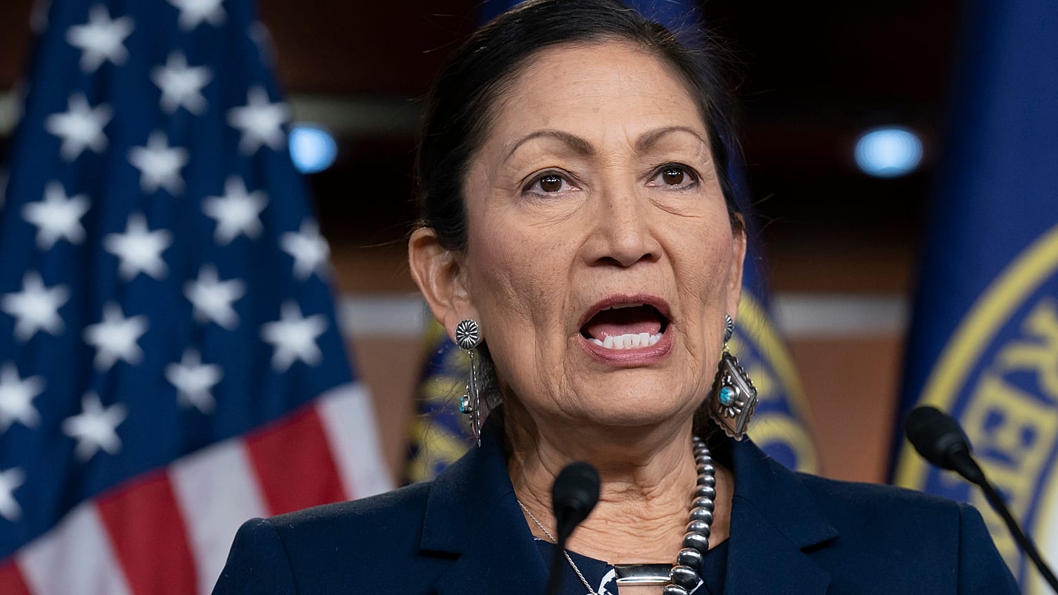 In this March 5, 2020, file photo Rep. Deb Haaland, D-N.M., Native American Caucus co-chair, speaks to reporters about the 2020 Census on Capitol Hill in Washington.