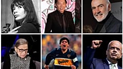 Links nach rechts: Sängerin Juliette Greco, Modeschöpfer Kenzo Takada, Richterin Ruth Bader Ginsburg, Fußballer Diego Maradona, paläst. Chefunterhändler Saeb Erekat.  