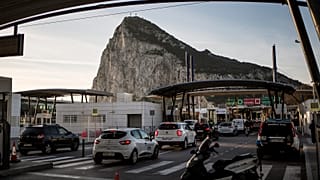 Cars queue to cross the border between Spain and Gibraltar, in La Linea de la Concepcion, Spain.