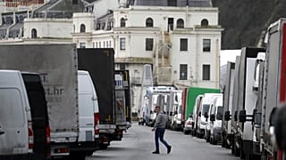 Goods vans wanting to return to Europe are parked along the seafront whilst the Port of Dover remains closed in southern England