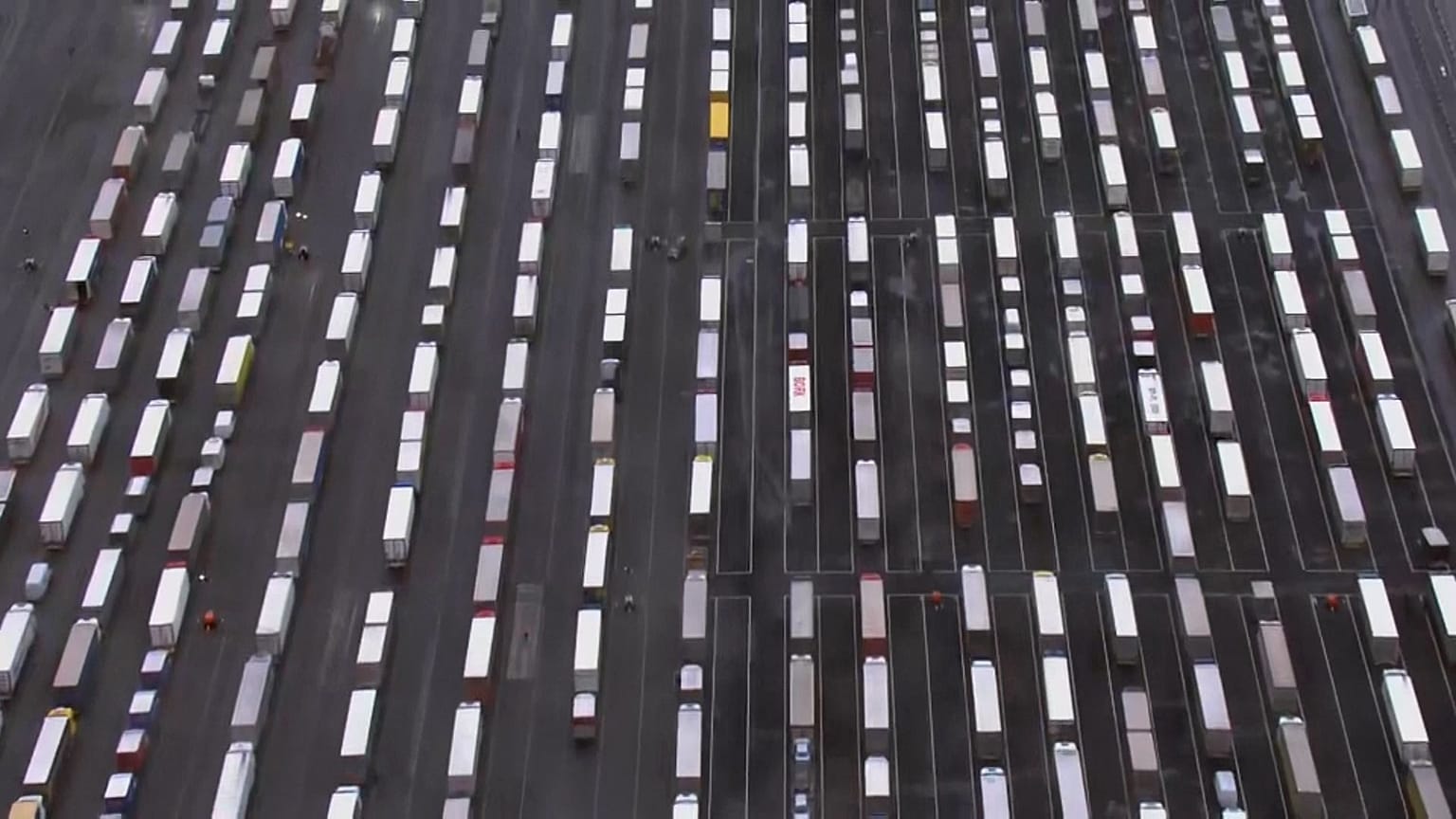 Aerials of trucks at lorry park