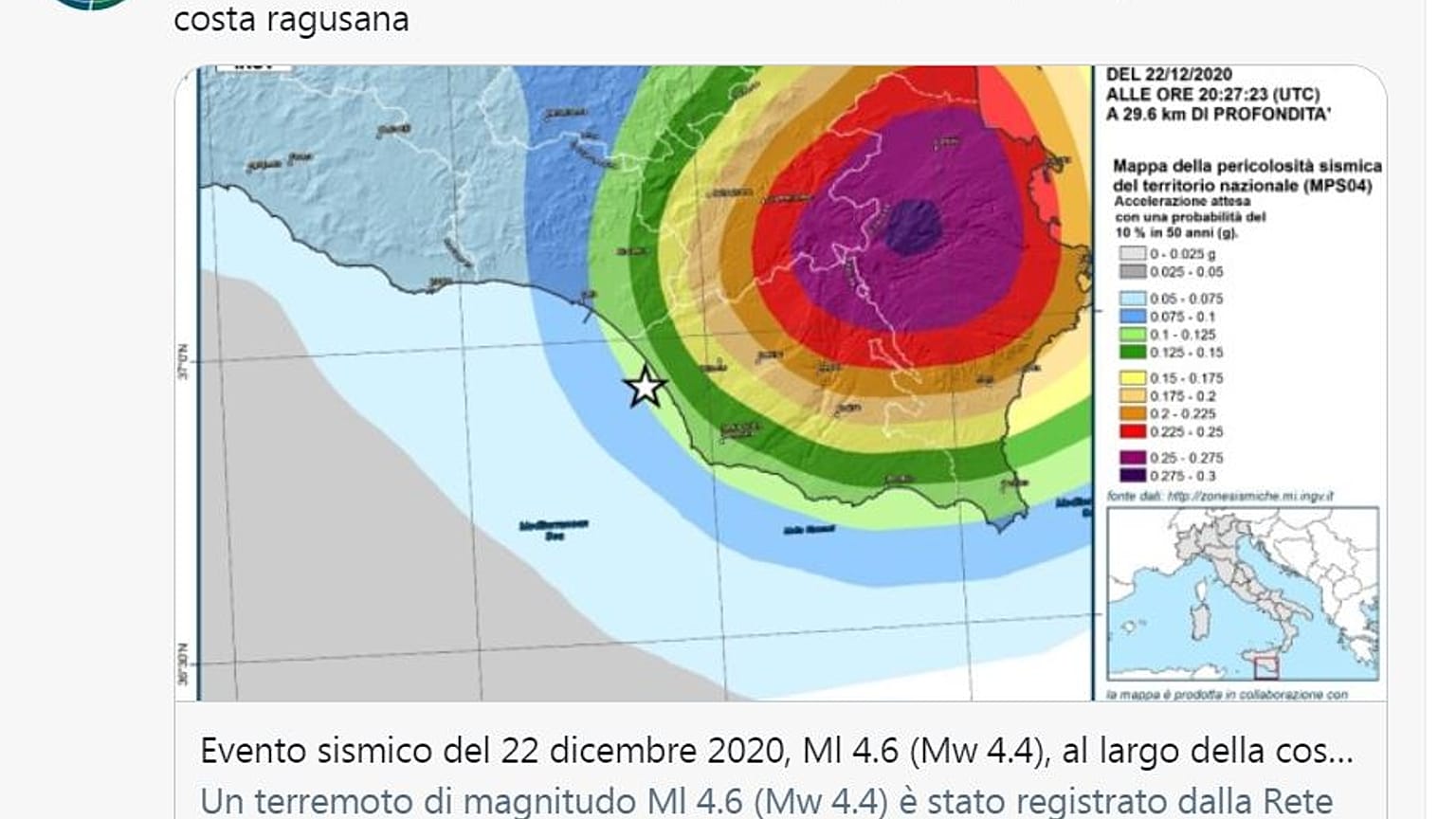 Il tweet con cui l'INGV ha rettificato la magnitudo del sisma